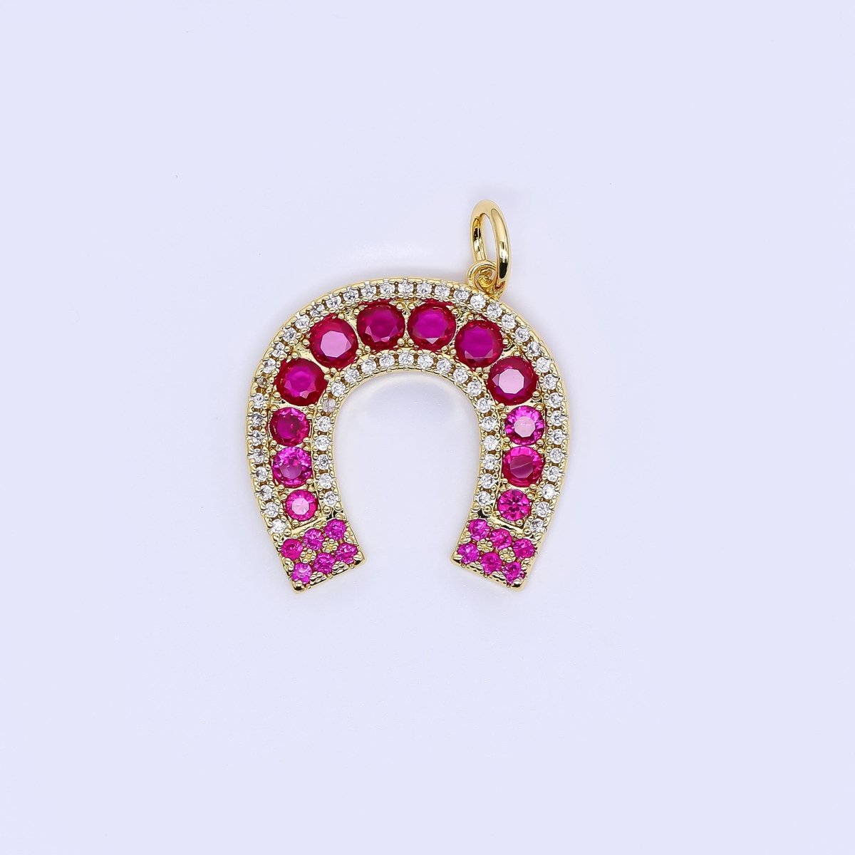 24K Gold Filled 21.5mm Hot Pink Fuchsia Micro Paved CZ Horseshoe Charm | W642