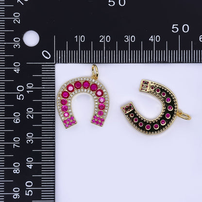 24K Gold Filled 21.5mm Hot Pink Fuchsia Micro Paved CZ Horseshoe Charm | W642