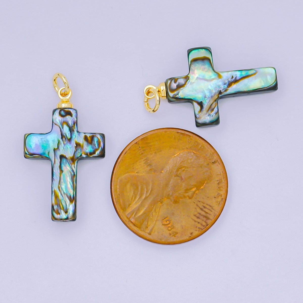 24K Gold Filled 21mm Blue Abalone Religious Cross Pendant | P-1717