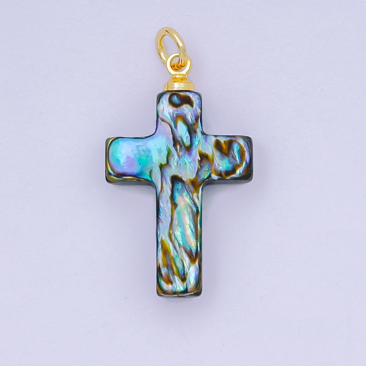 24K Gold Filled 21mm Blue Abalone Religious Cross Pendant | P-1717