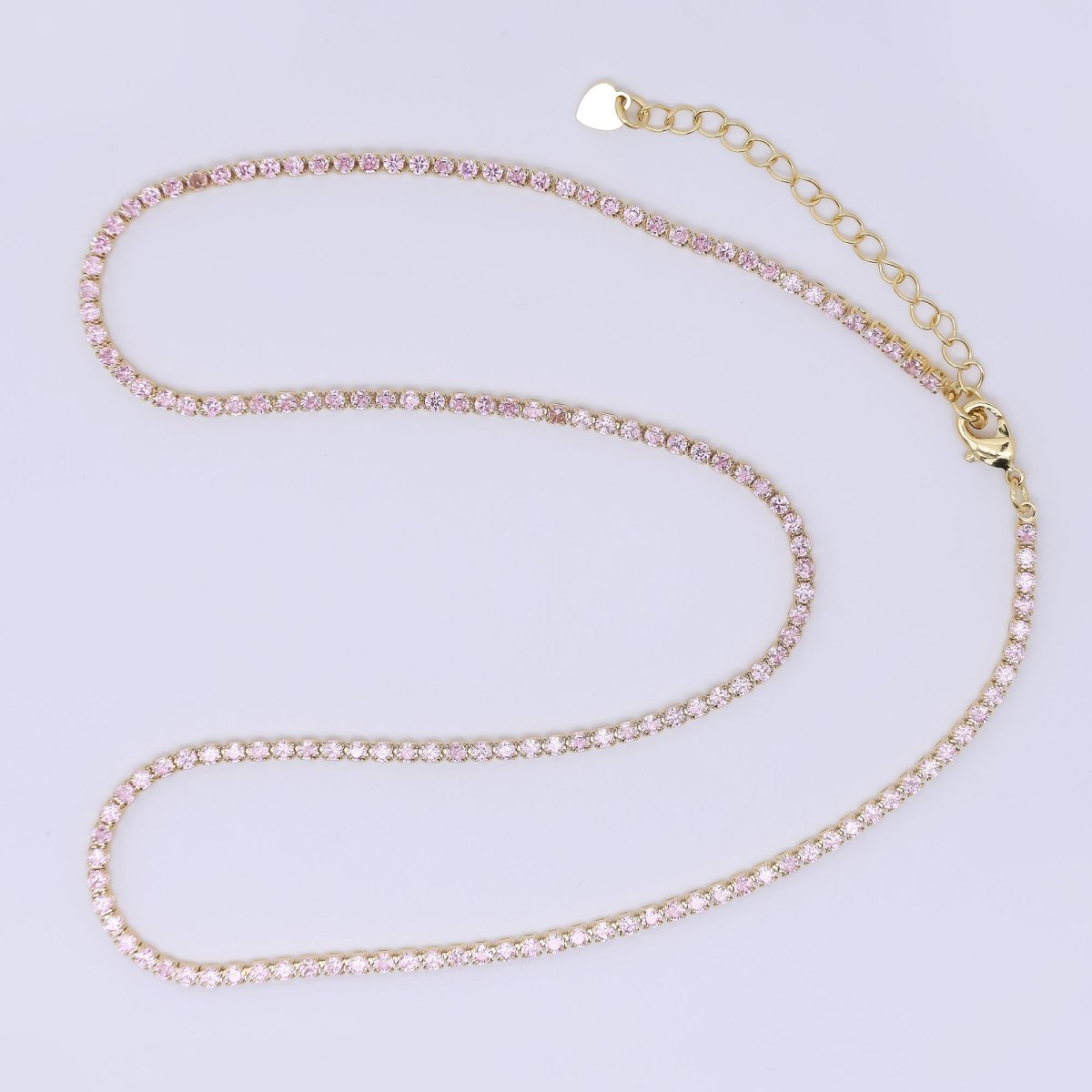 24K Gold Filled 2mm Blue, Green, Pink, Clear Classic Round Tennis Chain 16.5 Inch Choker Necklace w. Extender | WA-01292 WA-03812 ~ WA-03814
