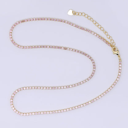24K Gold Filled 2mm Blue, Green, Pink, Clear Classic Round Tennis Chain 16.5 Inch Choker Necklace w. Extender | WA-01292 WA-03812 ~ WA-03814