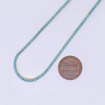 24K Gold Filled 2mm Blue, Green, Pink, Clear Classic Round Tennis Chain 16.5 Inch Choker Necklace w. Extender | WA-01292 WA-03812 ~ WA-03814