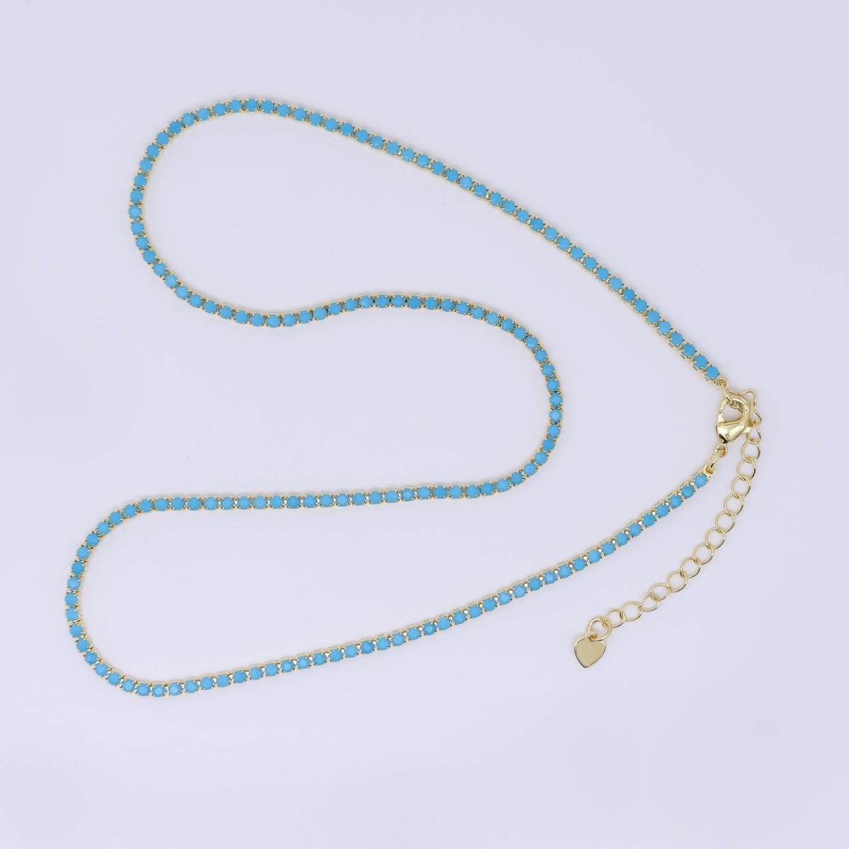 24K Gold Filled 2mm Blue, Green, Pink, Clear Classic Round Tennis Chain 16.5 Inch Choker Necklace w. Extender | WA-01292 WA-03812 ~ WA-03814