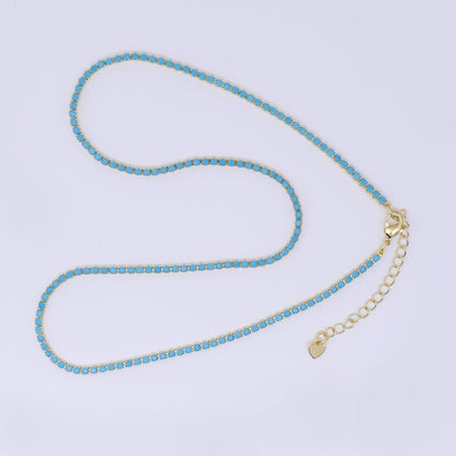 24K Gold Filled 2mm Blue, Green, Pink, Clear Classic Round Tennis Chain 16.5 Inch Choker Necklace w. Extender | WA-01292 WA-03812 ~ WA-03814