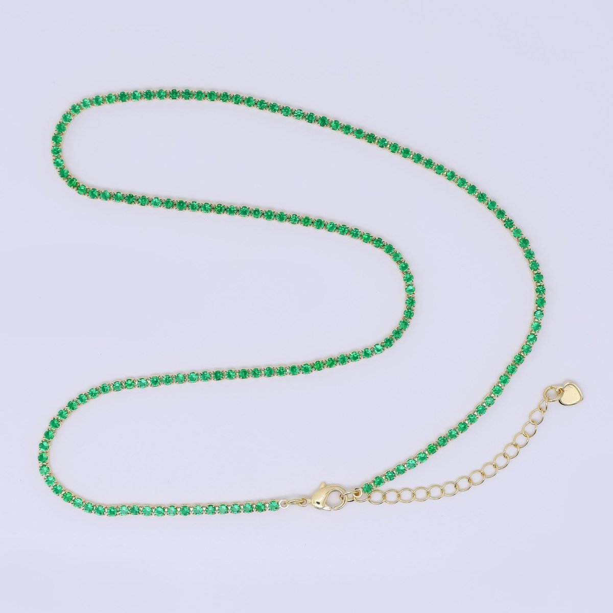 24K Gold Filled 2mm Blue, Green, Pink, Clear Classic Round Tennis Chain 16.5 Inch Choker Necklace w. Extender | WA-01292 WA-03812 ~ WA-03814