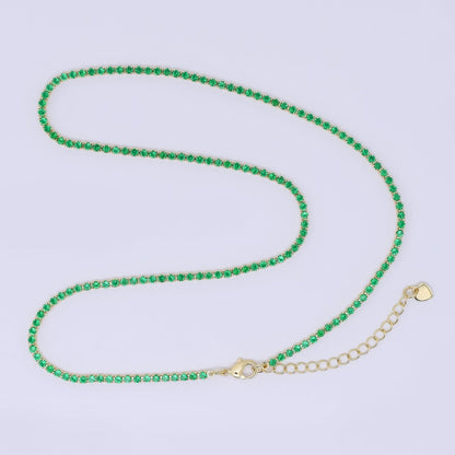 24K Gold Filled 2mm Blue, Green, Pink, Clear Classic Round Tennis Chain 16.5 Inch Choker Necklace w. Extender | WA-01292 WA-03812 ~ WA-03814
