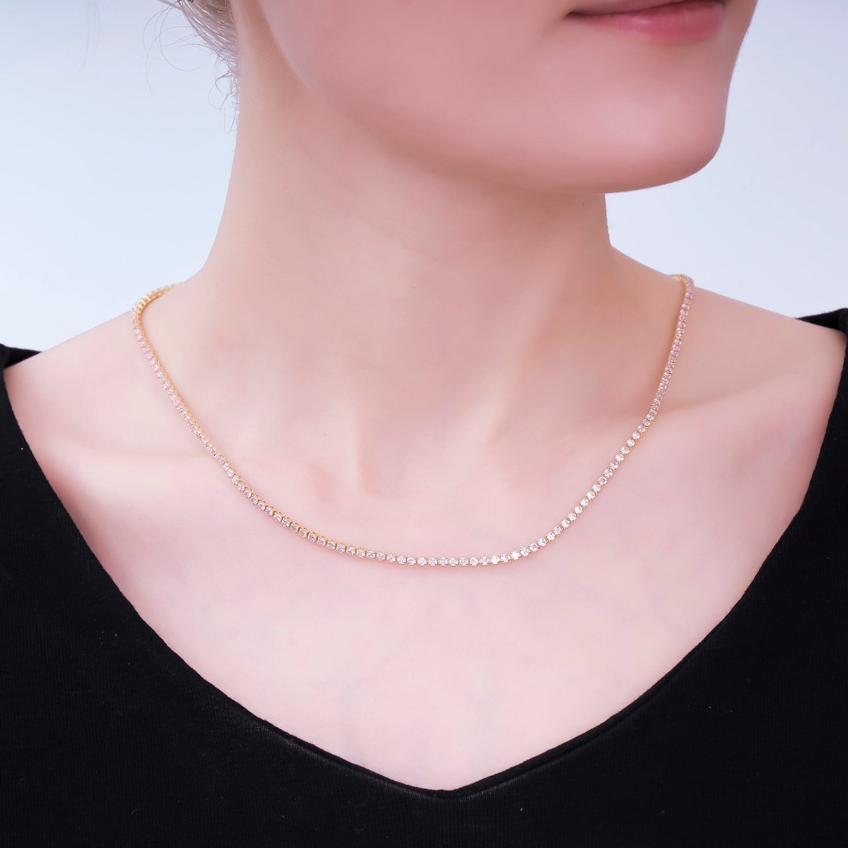 24K Gold Filled 2mm Blue, Green, Pink, Clear Classic Round Tennis Chain 16.5 Inch Choker Necklace w. Extender | WA-01292 WA-03812 ~ WA-03814