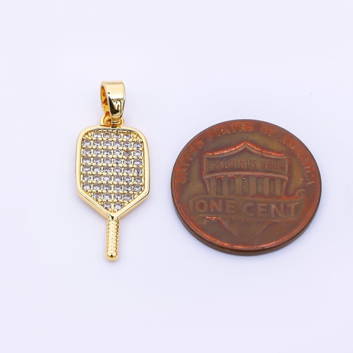24K Gold Filled 28.5mm Micro Paved CZ Classic Paddle Pickle Ball Racket Sport Charm | AH-00473