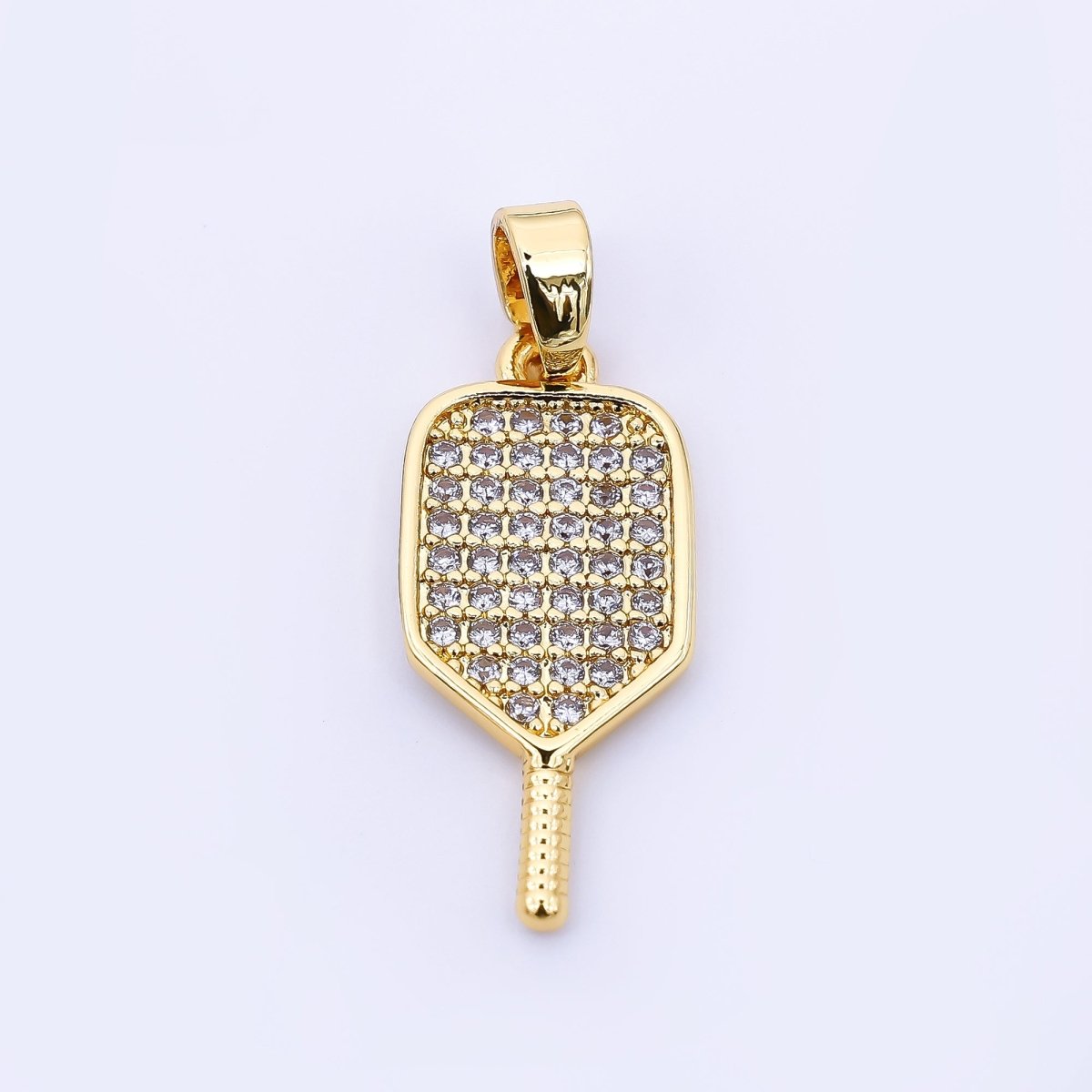 24K Gold Filled 28.5mm Micro Paved CZ Classic Paddle Pickle Ball Racket Sport Charm | AH-00473