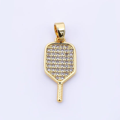 24K Gold Filled 28.5mm Micro Paved CZ Classic Paddle Pickle Ball Racket Sport Charm | AH-00473