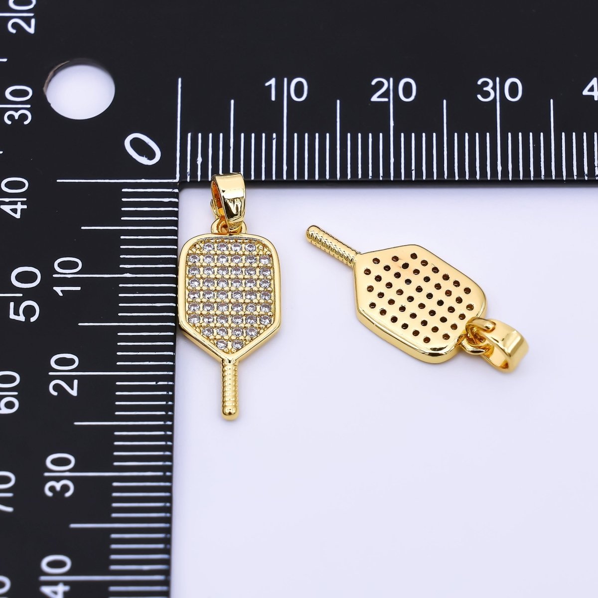 24K Gold Filled 28.5mm Micro Paved CZ Classic Paddle Pickle Ball Racket Sport Charm | AH-00473