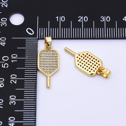 24K Gold Filled 28.5mm Micro Paved CZ Classic Paddle Pickle Ball Racket Sport Charm | AH-00473