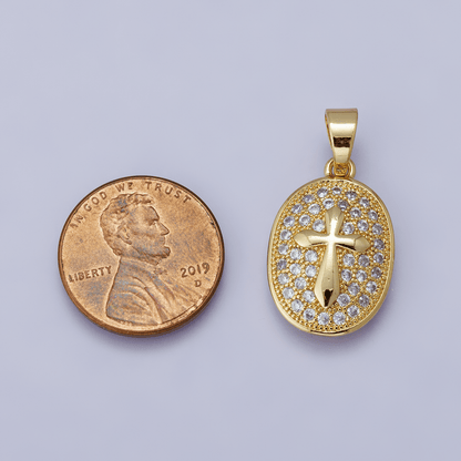 24K Gold Filled 21mm Micro Paved CZ Cross Oval Religious Pendant | H00096