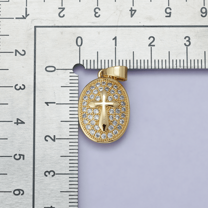 24K Gold Filled 21mm Micro Paved CZ Cross Oval Religious Pendant | H00096