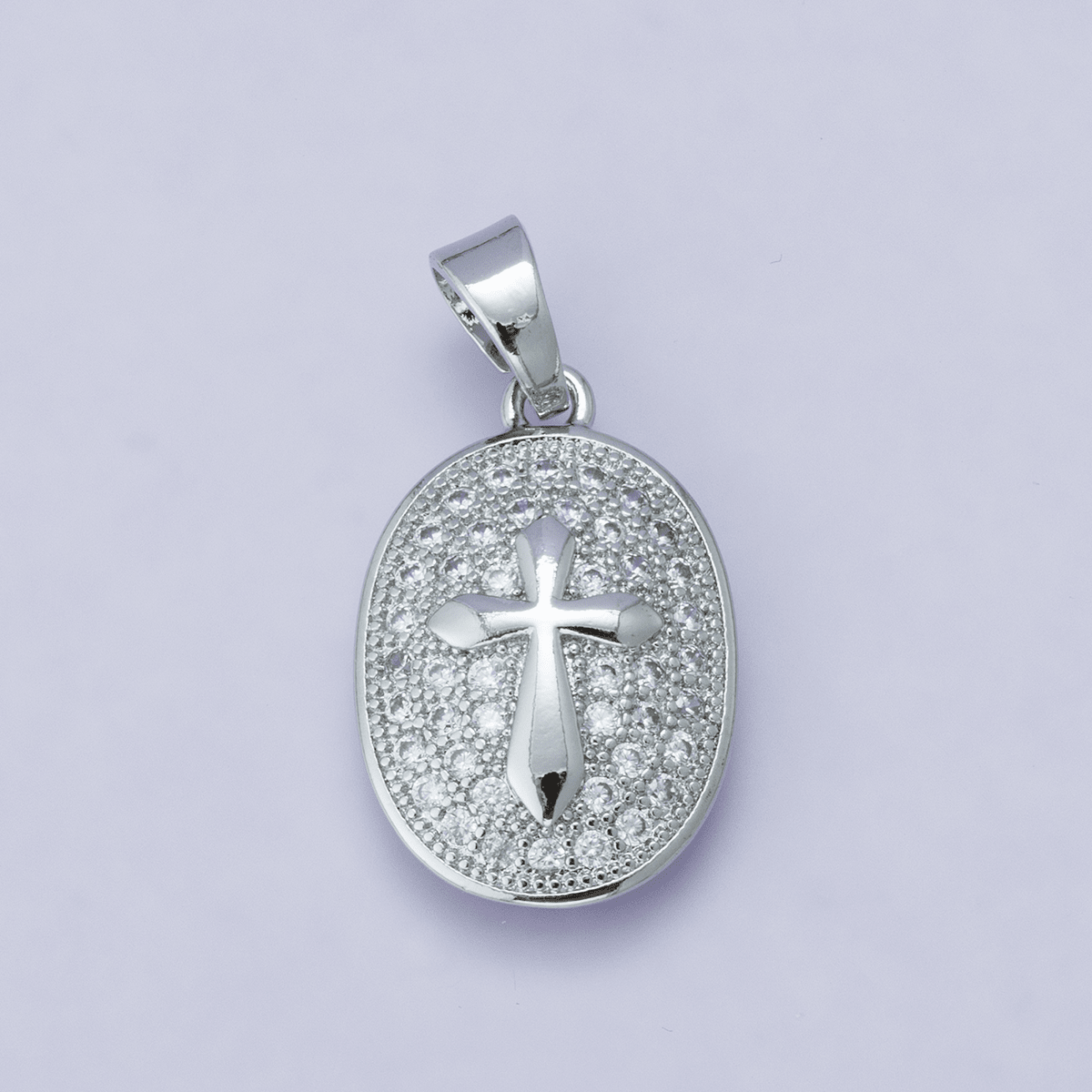 24K Gold Filled 21mm Micro Paved CZ Cross Oval Religious Pendant | H00096