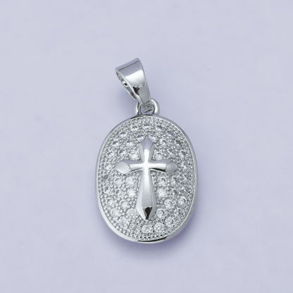 24K Gold Filled 21mm Micro Paved CZ Cross Oval Religious Pendant | H00096