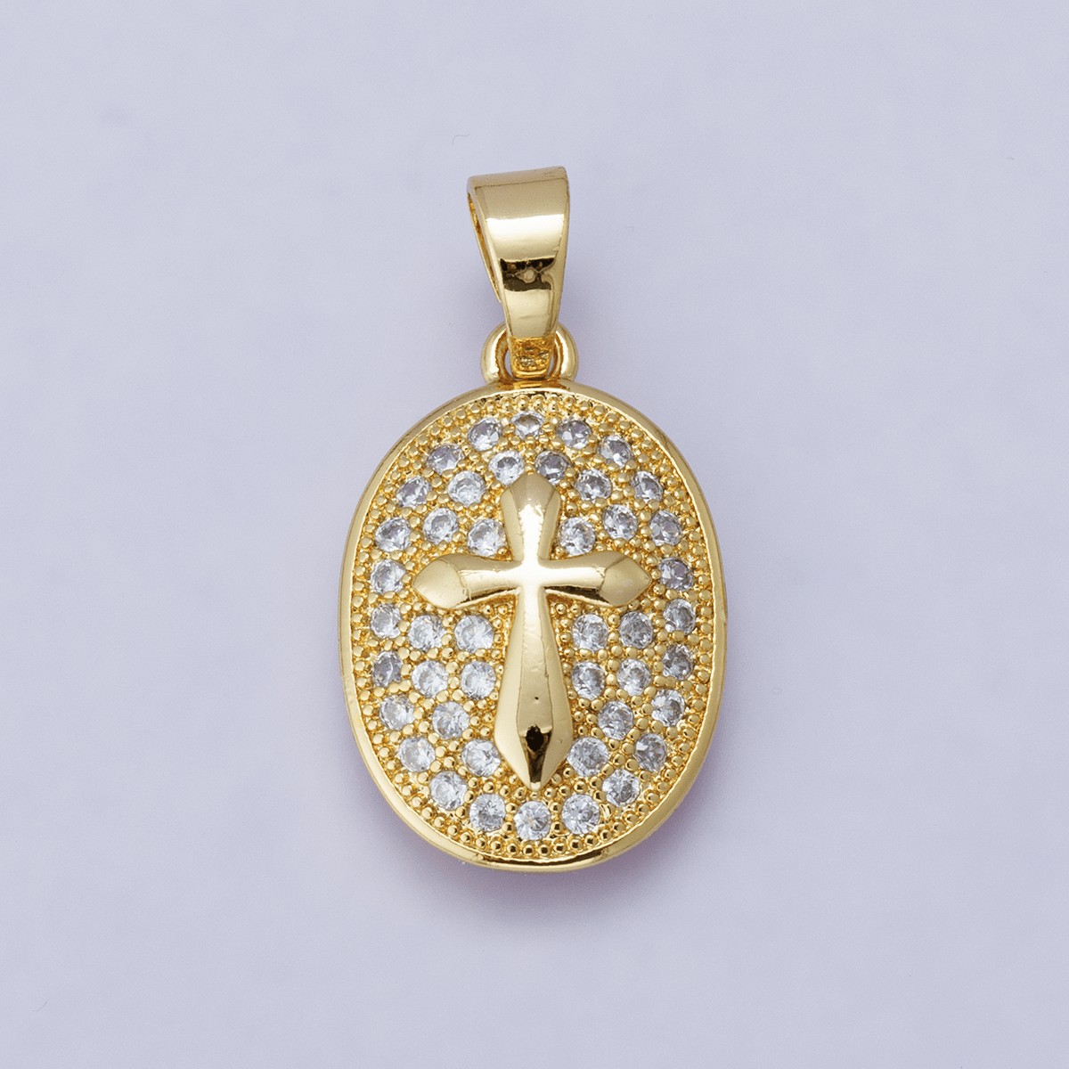 24K Gold Filled 21mm Micro Paved CZ Cross Oval Religious Pendant | H00096