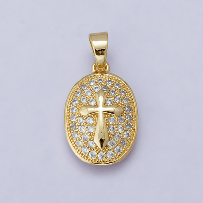 24K Gold Filled 21mm Micro Paved CZ Cross Oval Religious Pendant | H00096