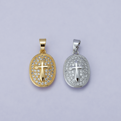 24K Gold Filled 21mm Micro Paved CZ Cross Oval Religious Pendant | H00096