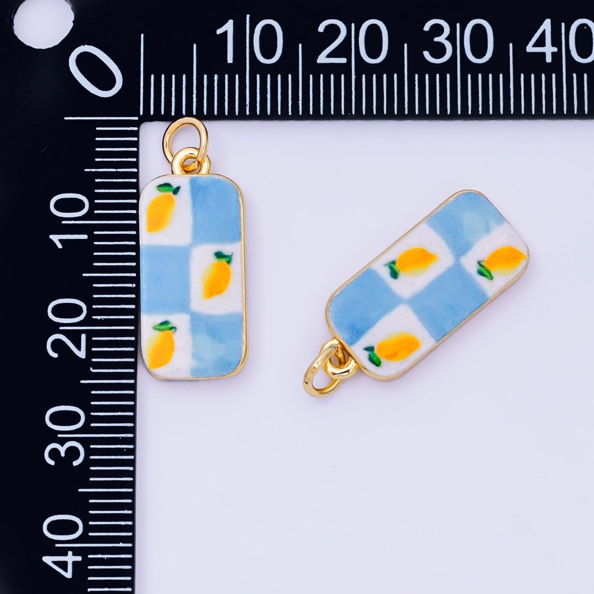 24K Gold Filled 22mm Enamel Art Blue Checkered Lemon Fruit Charm | AJ-526