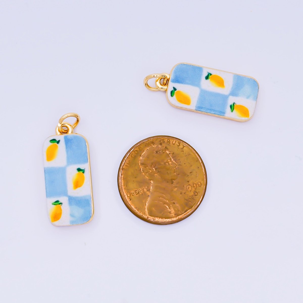 24K Gold Filled 22mm Enamel Art Blue Checkered Lemon Fruit Charm | AJ-526