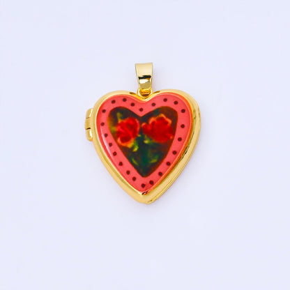 24K Gold Filled 22mm Hand-Painted Enamel Heart-Shaped Locket Flower Pendant | AA1613 ~ AA1617