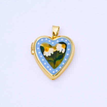 24K Gold Filled 22mm Hand-Painted Enamel Heart-Shaped Locket Flower Pendant | AA1613 ~ AA1617