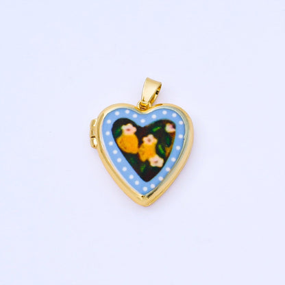 24K Gold Filled 22mm Hand-Painted Enamel Heart-Shaped Locket Flower Pendant | AA1613 ~ AA1617