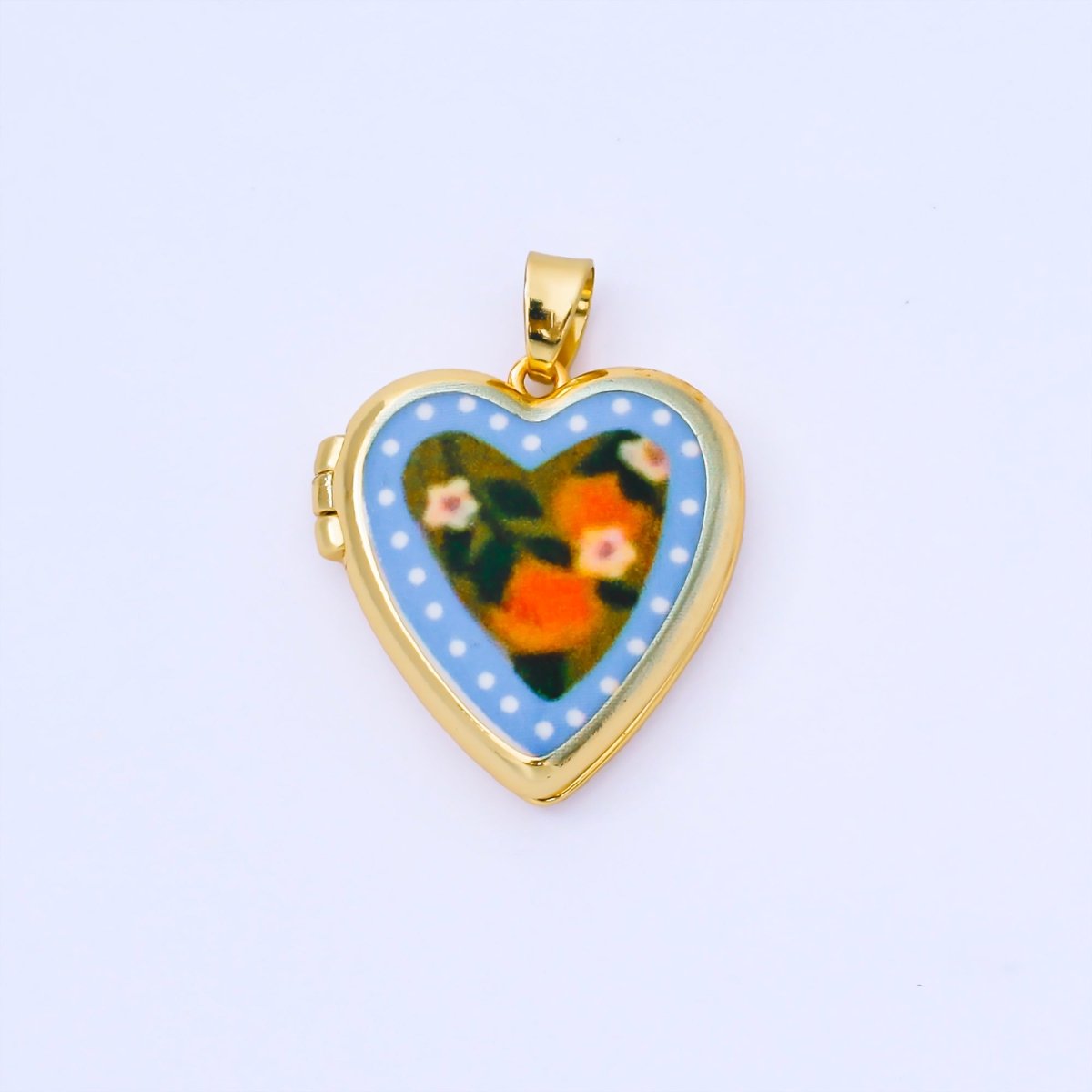 24K Gold Filled 22mm Hand-Painted Enamel Heart-Shaped Locket Flower Pendant | AA1613 ~ AA1617