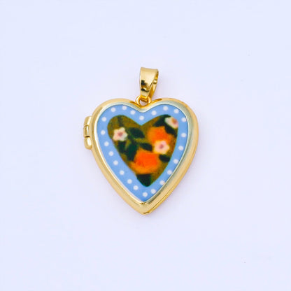 24K Gold Filled 22mm Hand-Painted Enamel Heart-Shaped Locket Flower Pendant | AA1613 ~ AA1617