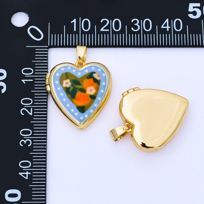 24K Gold Filled 22mm Hand-Painted Enamel Heart-Shaped Locket Flower Pendant | AA1613 ~ AA1617