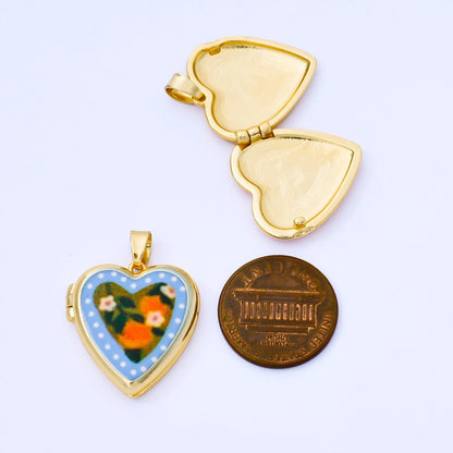 24K Gold Filled 22mm Hand-Painted Enamel Heart-Shaped Locket Flower Pendant | AA1613 ~ AA1617