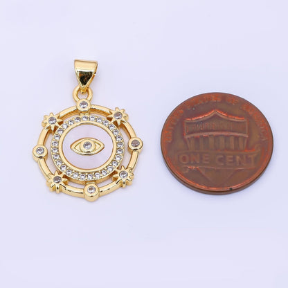 24K Gold Filled 22mm Micro Paved CZ Shell Pearl Evil Eye Round Bezel Pendant | AH543
