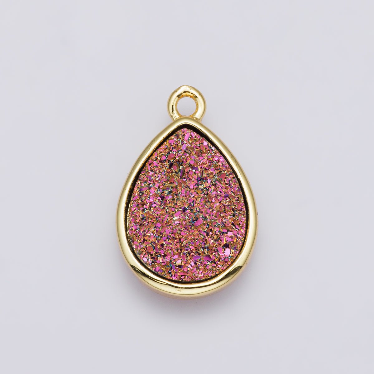 24K Gold Filled 22mm Pink, Purple Glitter Druzy Teardrop Charm | E00439