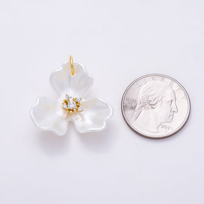 24K Gold Filled 22mm Round CZ White Orchid Bloom Flower Charm | N151