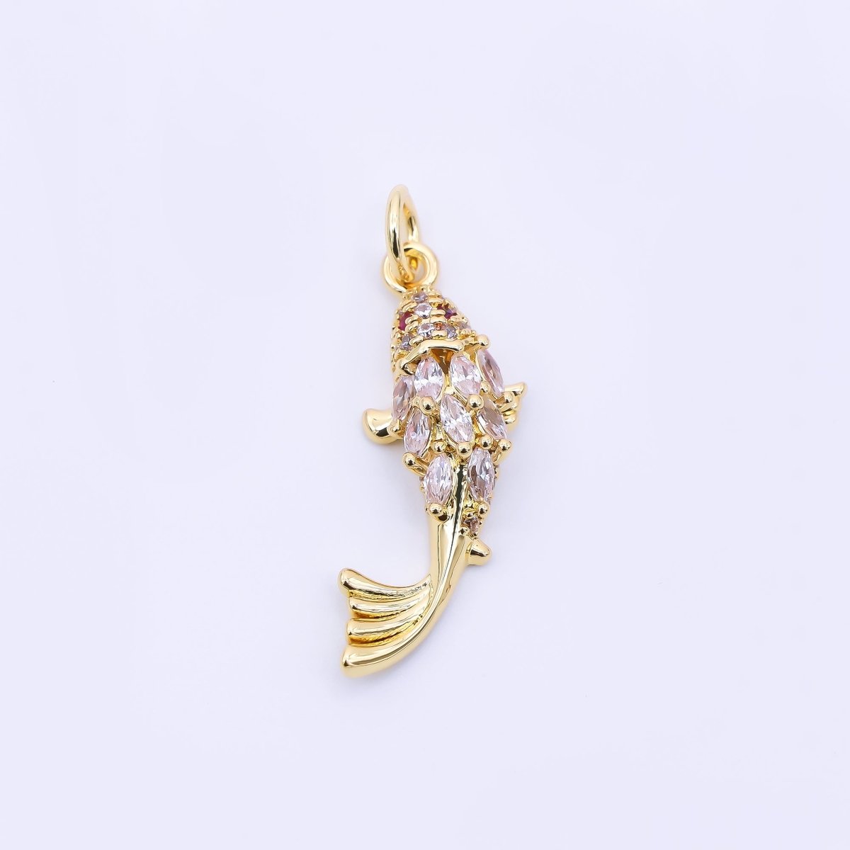 24K Gold Filled 23.5mm Red, Clear Micro Paved Marquise CZ Fish Sea Animals Charm | AJ391