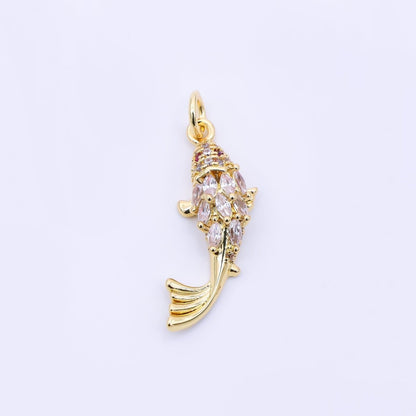 24K Gold Filled 23.5mm Red, Clear Micro Paved Marquise CZ Fish Sea Animals Charm | AJ391