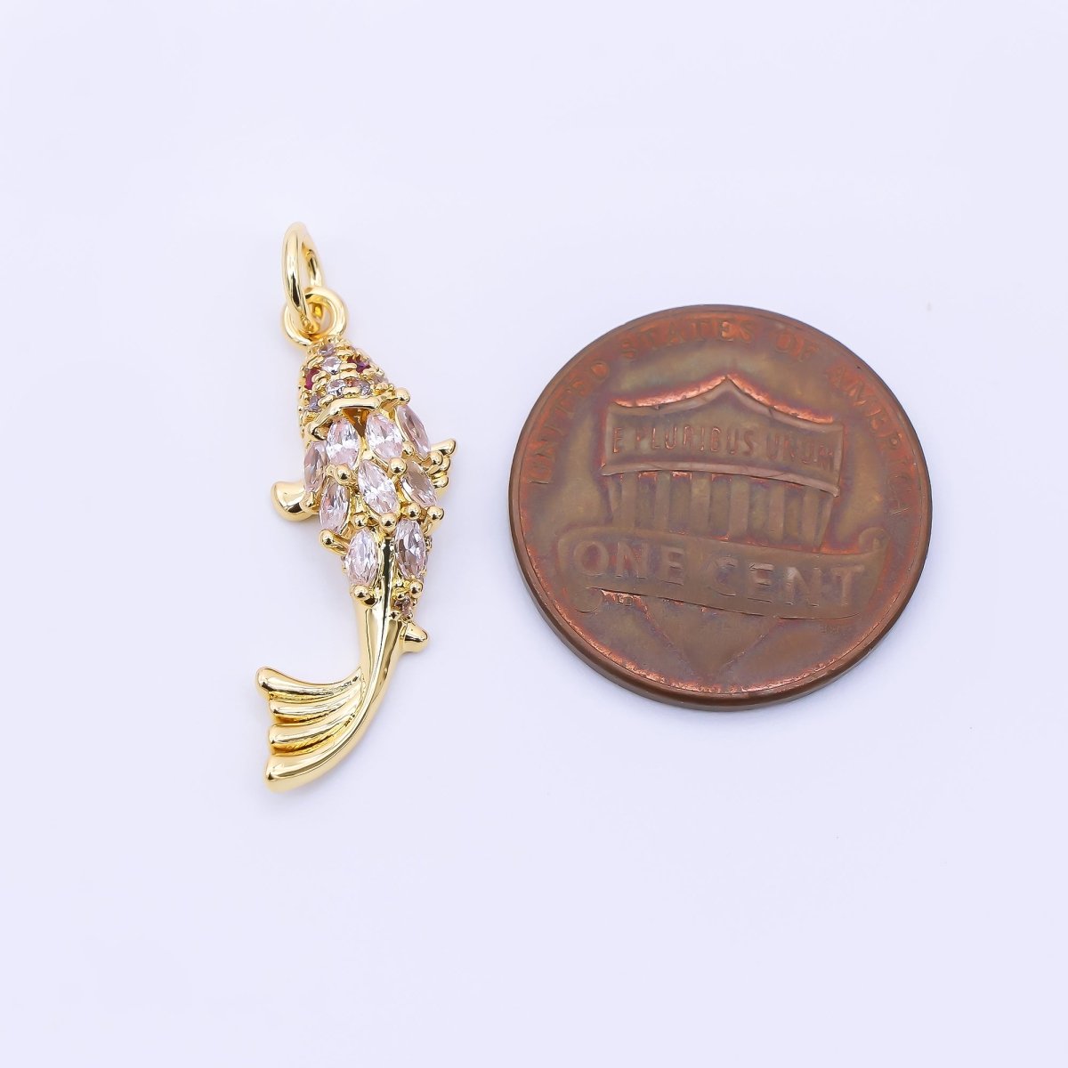 24K Gold Filled 23.5mm Red, Clear Micro Paved Marquise CZ Fish Sea Animals Charm | AJ391