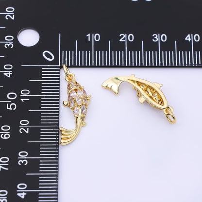 24K Gold Filled 23.5mm Red, Clear Micro Paved Marquise CZ Fish Sea Animals Charm | AJ391