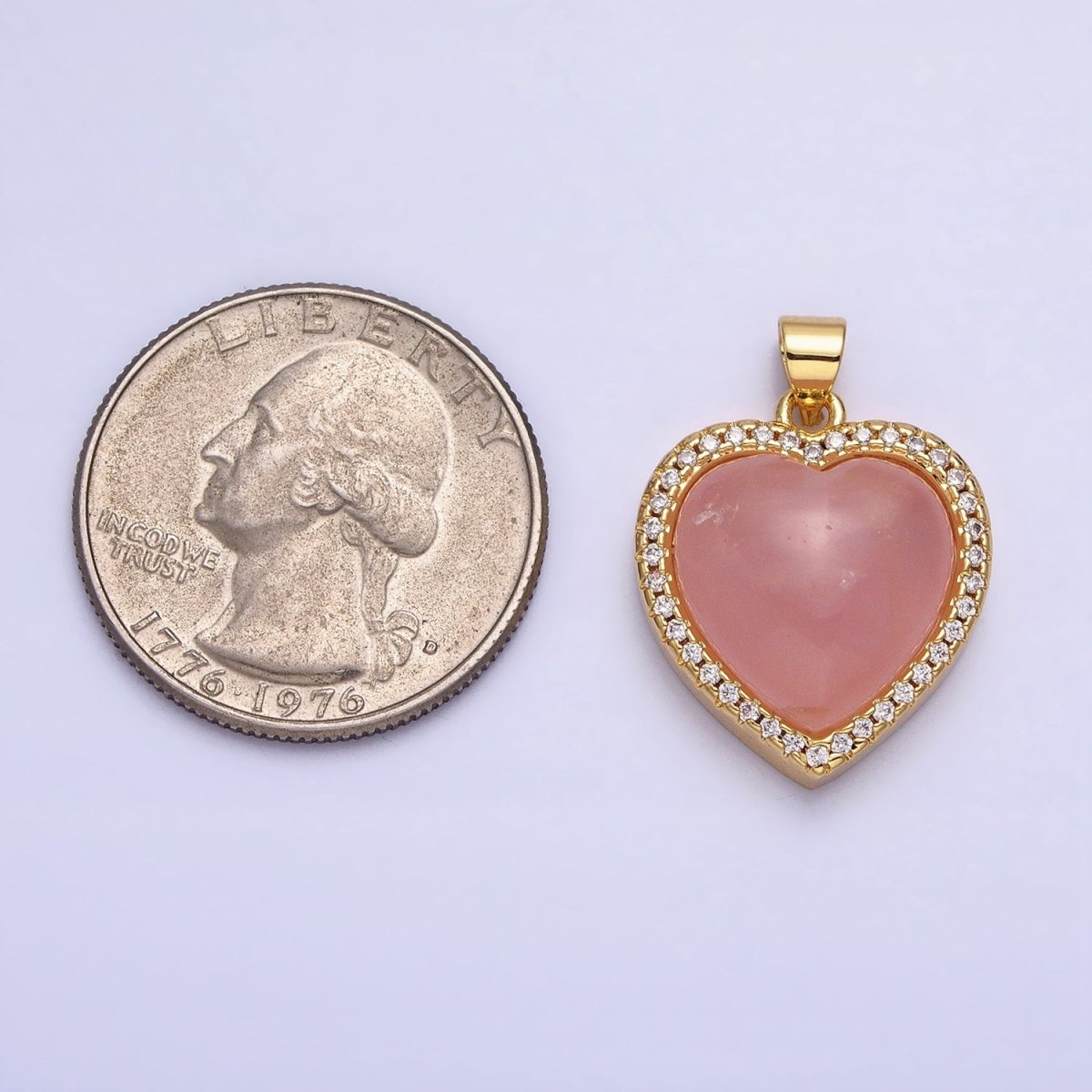 24K Gold Filled 23mm, 25mm, 31mm Heart Rose Quartz Natural Gemstone Micro Paved Pendant | AA279 AA276 AA278