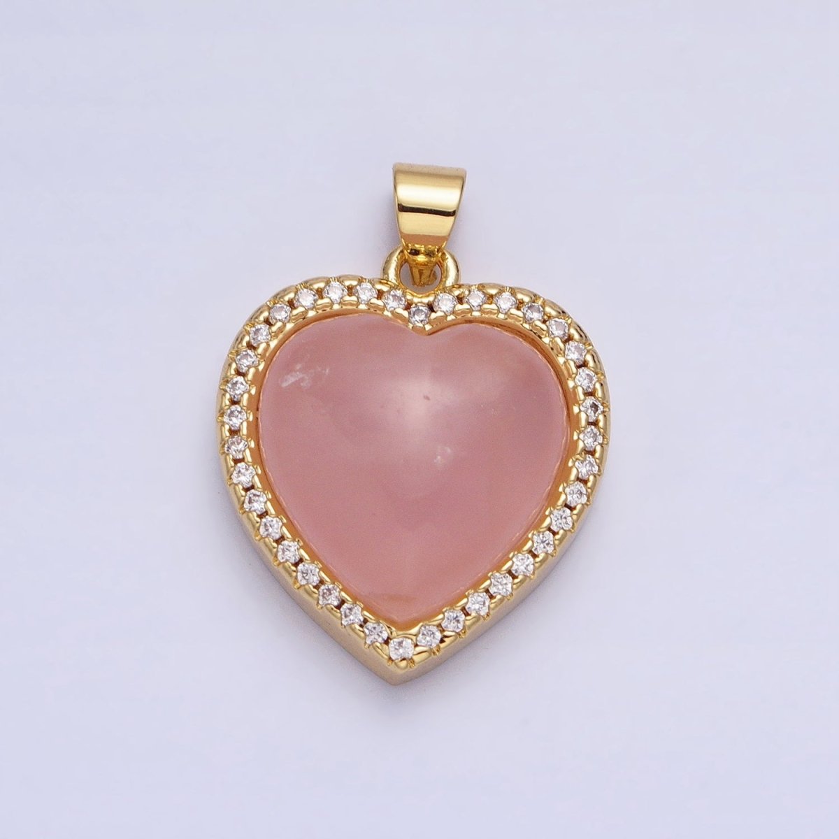 24K Gold Filled 23mm, 25mm, 31mm Heart Rose Quartz Natural Gemstone Micro Paved Pendant | AA279 AA276 AA278