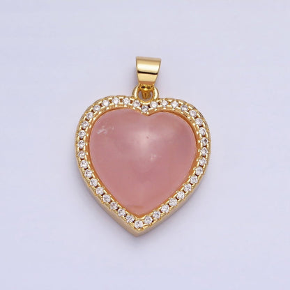 24K Gold Filled 23mm, 25mm, 31mm Heart Rose Quartz Natural Gemstone Micro Paved Pendant | AA279 AA276 AA278
