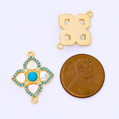 24K Gold Filled 23mm Blue Micro Paved CZ Mother of Pearl 4-Leaf Lucky Clover Charm Connector | Y-062
