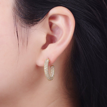 24K Gold Filled 23mm C-Shaped Clear Micro Paved CZ Hoop Stud Earrings | AB003