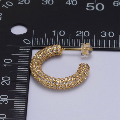 24K Gold Filled 23mm C-Shaped Clear Micro Paved CZ Hoop Stud Earrings | AB003