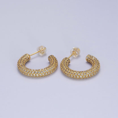 24K Gold Filled 23mm C-Shaped Clear Micro Paved CZ Hoop Stud Earrings | AB003