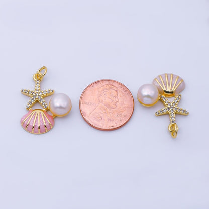 24K Gold Filled 23mm White, Pink, Blue Micro Paved CZ Shell Pearl Starfish Clam Seashell Charm | AF1588 AF1589