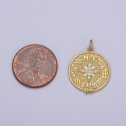 24K Gold Filled 24.5mm Clear CZ North Star Sign Zodiac Horoscope Round Charm | C340