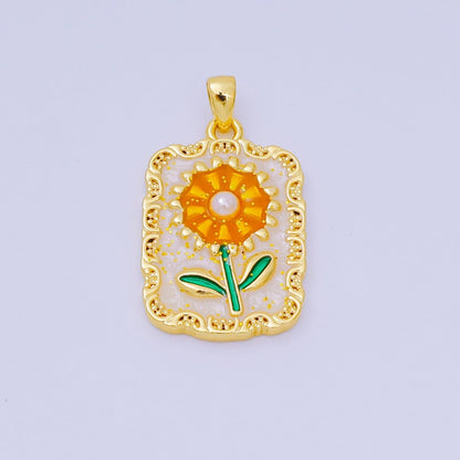24K Gold Filled 24mm Enamel Art Sunflower Medallion Rectangle Pendant | AA-1603
